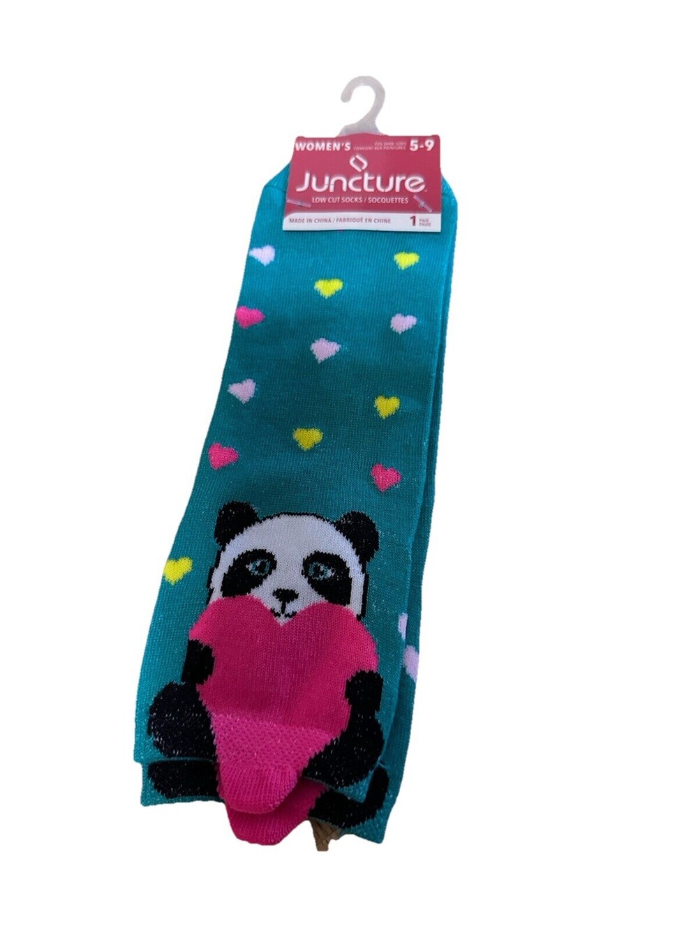 Women’s Juncture Low Cut Socks Size 5-9 1 Pair Panda Hearts Valentine Socks NWT